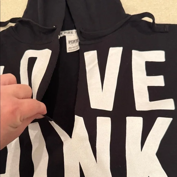 PINK Victoria’s Secret Black Deep V Neck Hoodie with White 'LOVE PINK' Print - Picture 3 of 3